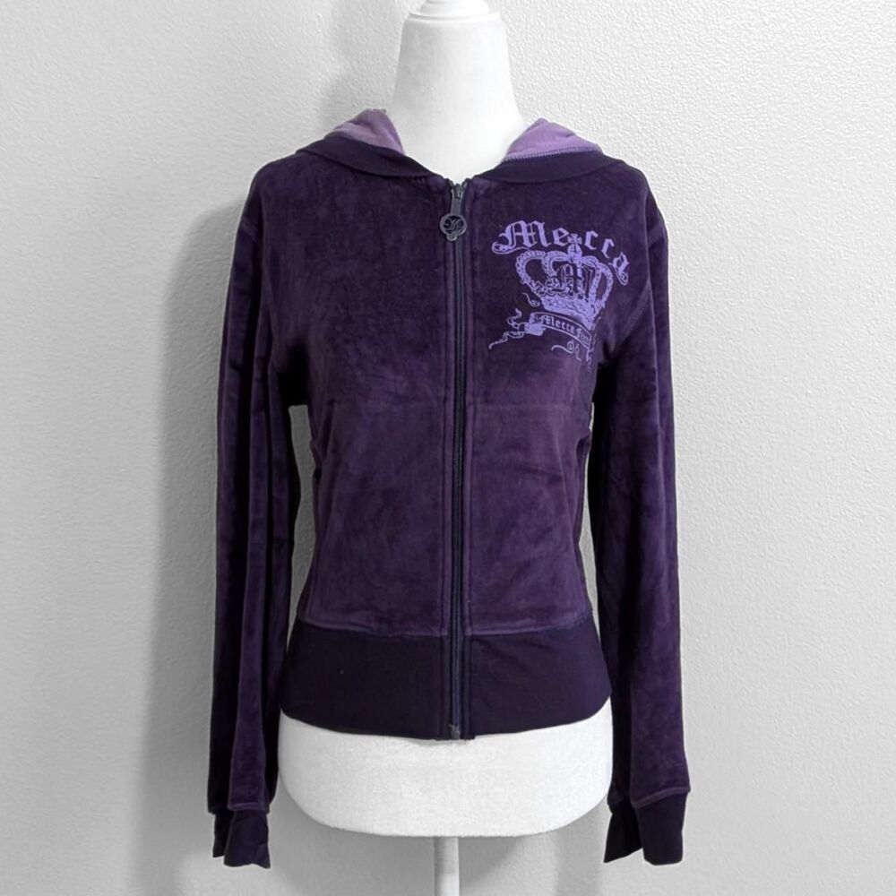 Vintage 2000s Mecca Femme Y2K Royal Purple Velour Zip Up Hoodie | Size L